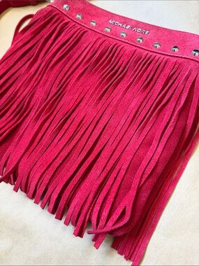 Michael Kors Suede Billy Fringe Crossbody Bag Vibrant Red Silver Hardware